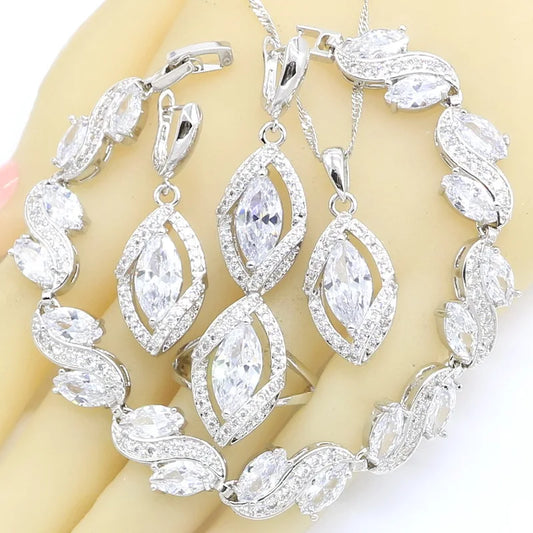 Classic White Zircon Silver Women's Jewelry Set Including Bracelet Earrings Rings Necklace Pendant for Parties Engagements Alloy