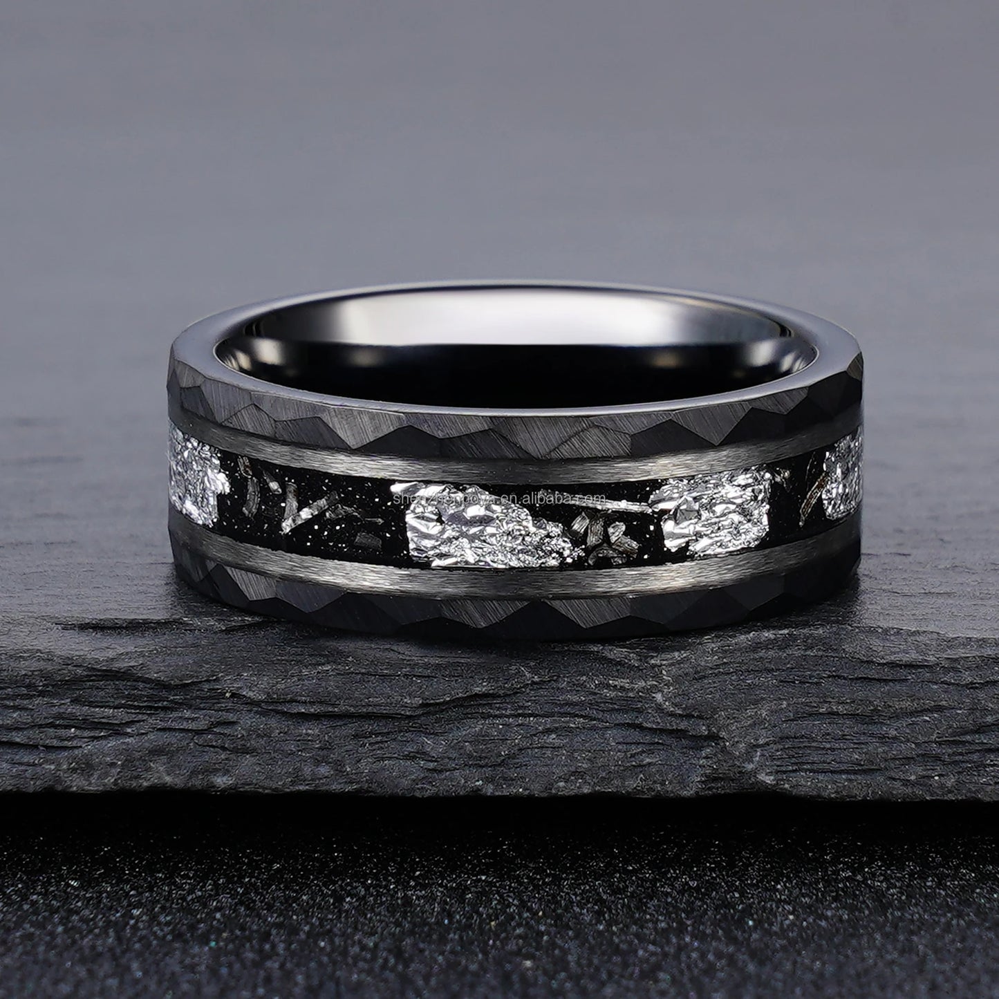 POYA Meteorite Gold Leaf Wedding Band 8mm Hammered Mens Black Unique Tungsten Engagement Rings