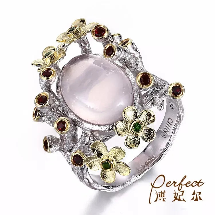 Flower Design Pink Quartz Main Stone 925 Sterling Silver Jewelry Ring for Women