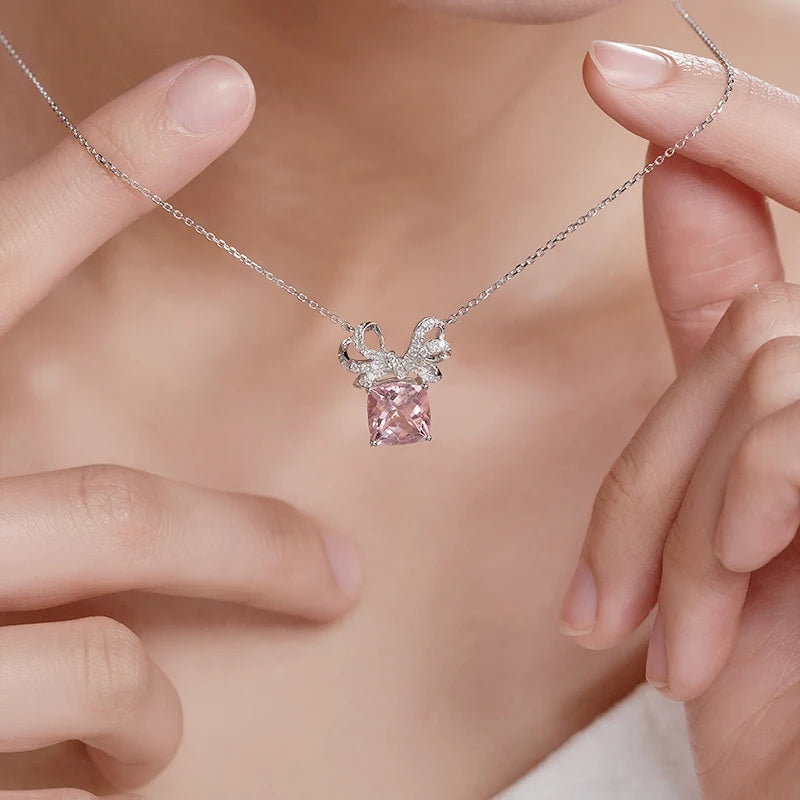 Gemfiori Korean Style Jewelry 18k Real Gold Natural Morganite Diamond Angel Jewelry Necklace for Women