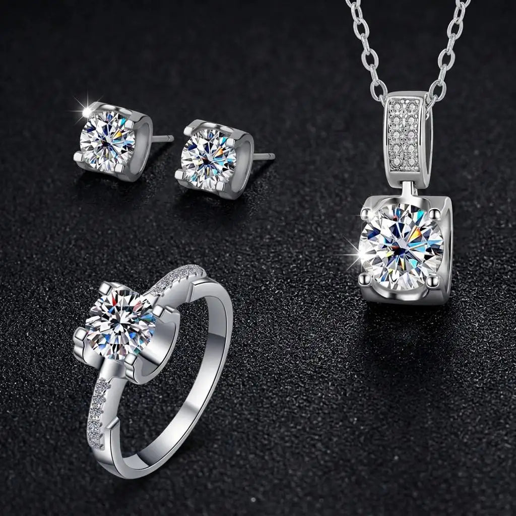 REDheart NORELLE Ladies Sterling Silver Fine Jewelry Sets Moissanite Necklace Stud Earring Ring Elegant Engagement Party Wedding Gift