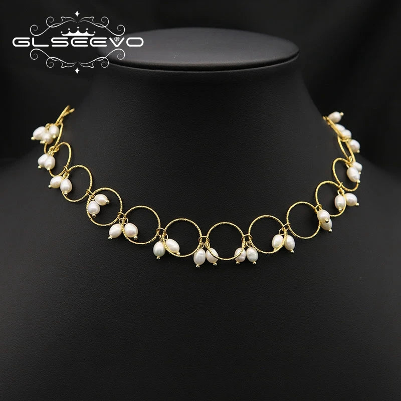 Natural Freshwater Pearl Round Necklace Hand Gold Plated Fashion Exquisite Cute Girls Ladies Necklace Jewelry