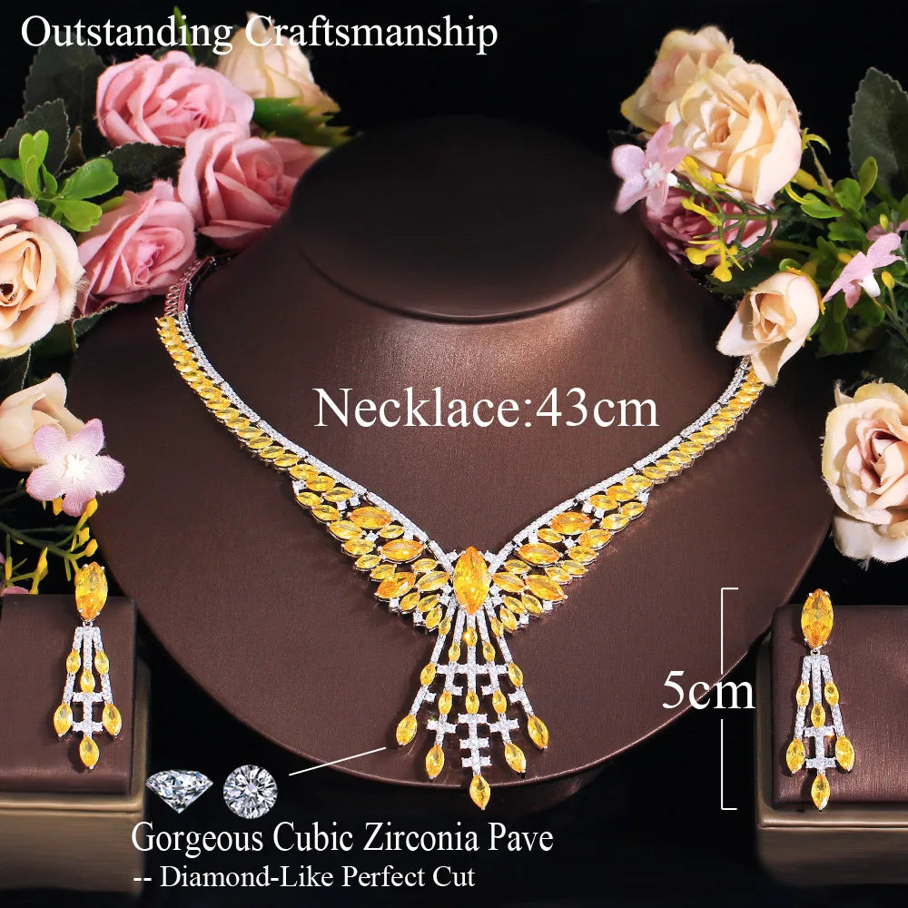 2pcs Gorgeous Perfect Cut Yellow Cubic Zirconia Luxury Women Party Wedding Costume Necklace and Earrings Bridal Jewelry Sets