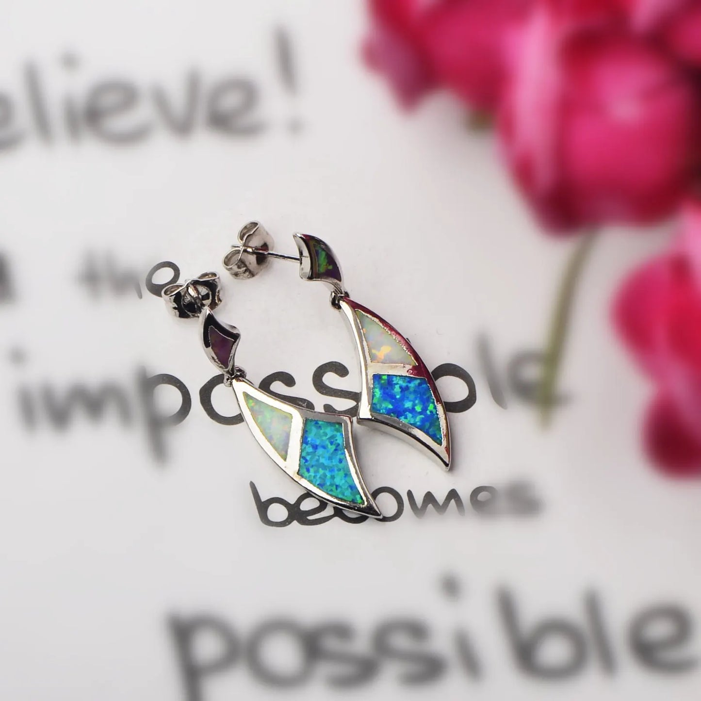 Sleek Wave-Shaped Opal Dangle Earrings - Shimmering Bi-Color Opal Inlays | Elegant Layered Jewelry Bulk Wholesale