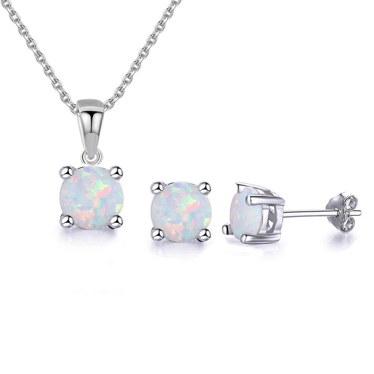 S&S 925 Silver White Opal Necklace & Earrings Set – 4-Claw Round Setting – Rhodium Plated – Collection