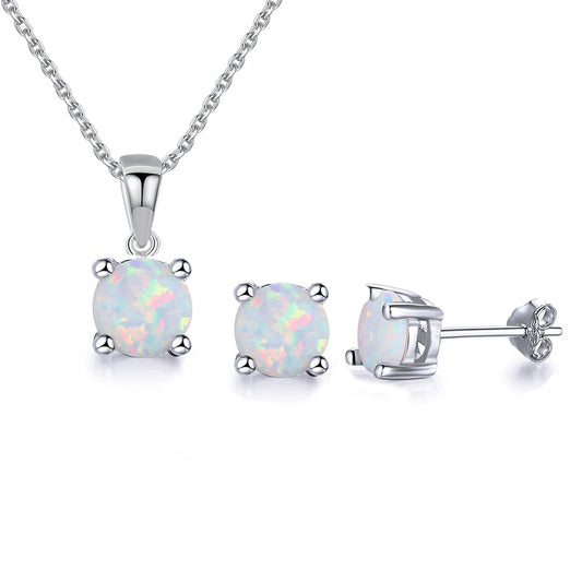 S&S 925 Silver White Opal Necklace & Earrings Set – 4-Claw Round Setting – Rhodium Plated – Collection
