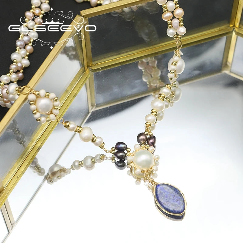 Natural Freshwater Pearl Lapis Lazuli Woven Handmade Pendant Necklace Colorful Multilayer Ball Chain Beaded Necklace Jewelry