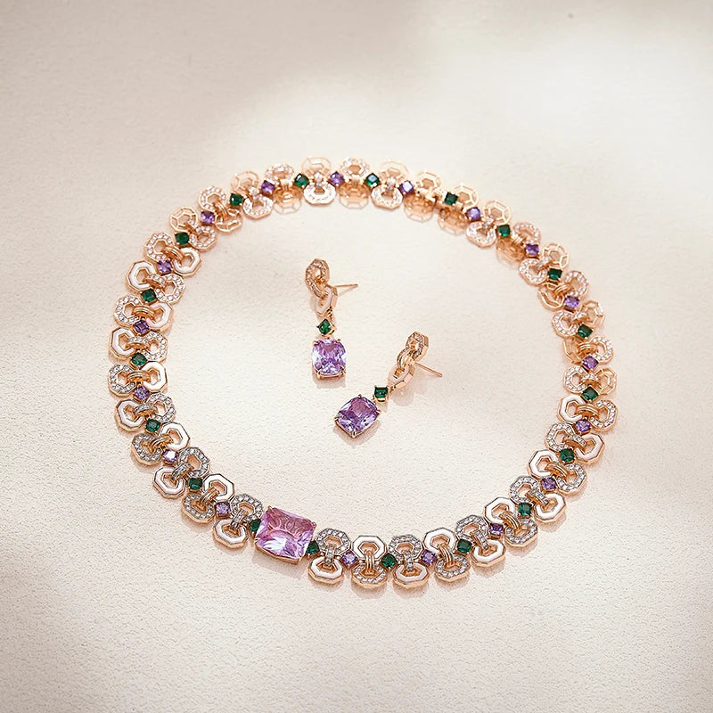 Victoria Style 8-shape Women's Brass Necklace Earrings  Bracelet White Mother of Pearl purple Zircon  High-quality Jewelry