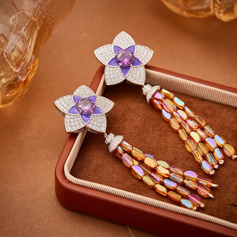 Four Flower Tassel Necklace Earring Set Brass Enamel Craftsmanship Retro Luxury Women's Evening Dress Jewelry