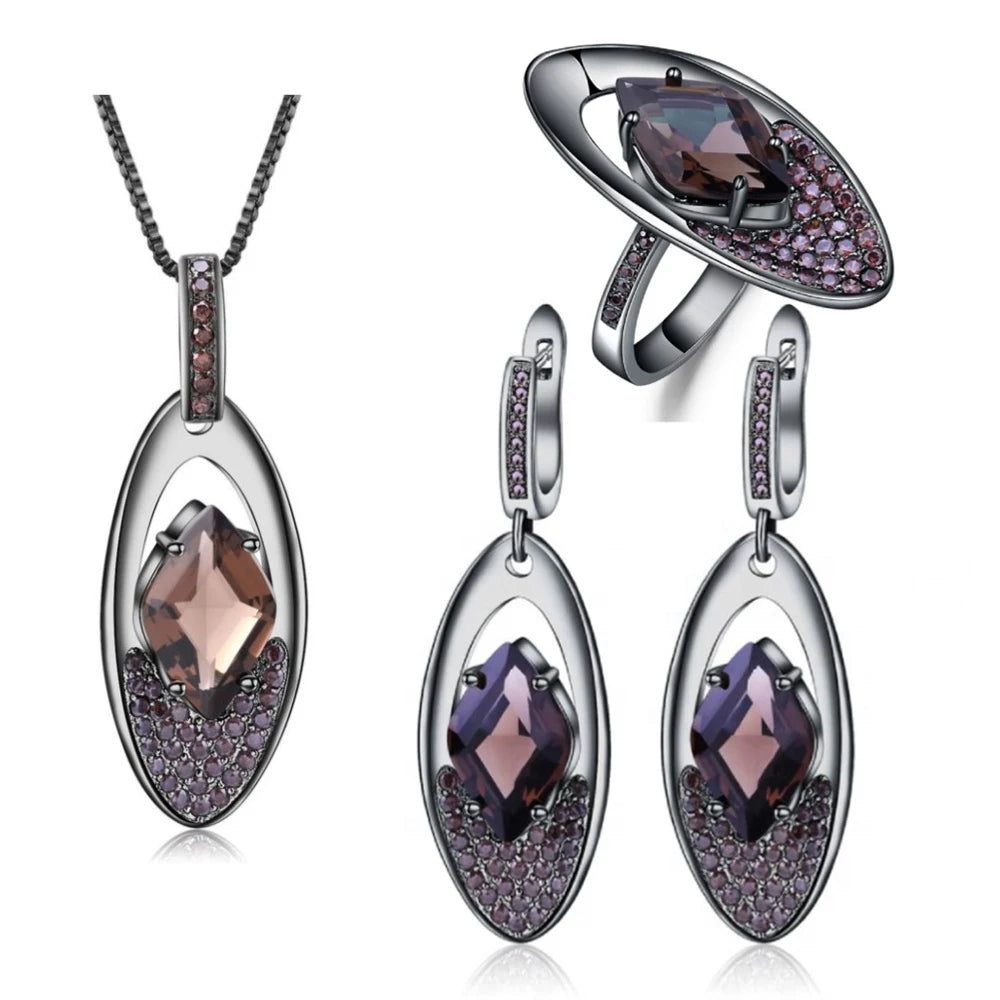 ArtistA Abiding Unique Design 925 Silver Gunmetal Plated Retro Lozenge Cut Natural Smoky Quartz Pendant Earrings Ring Fine Jewelry Set