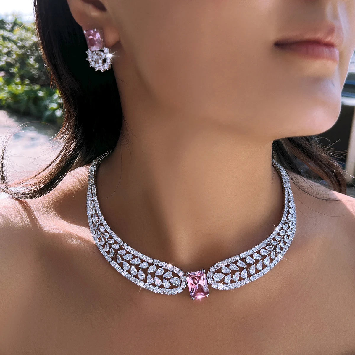 Trendy Water Drop Square CZ Crystal Jewelry Set Pink Cubic Zircon Necklace Earring Bracelet Women Engagement Costume Jewelry Set