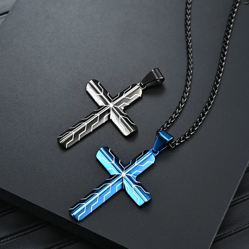 REBEL Black and Blue Texture Stainless Steel Cross Necklace for Men
