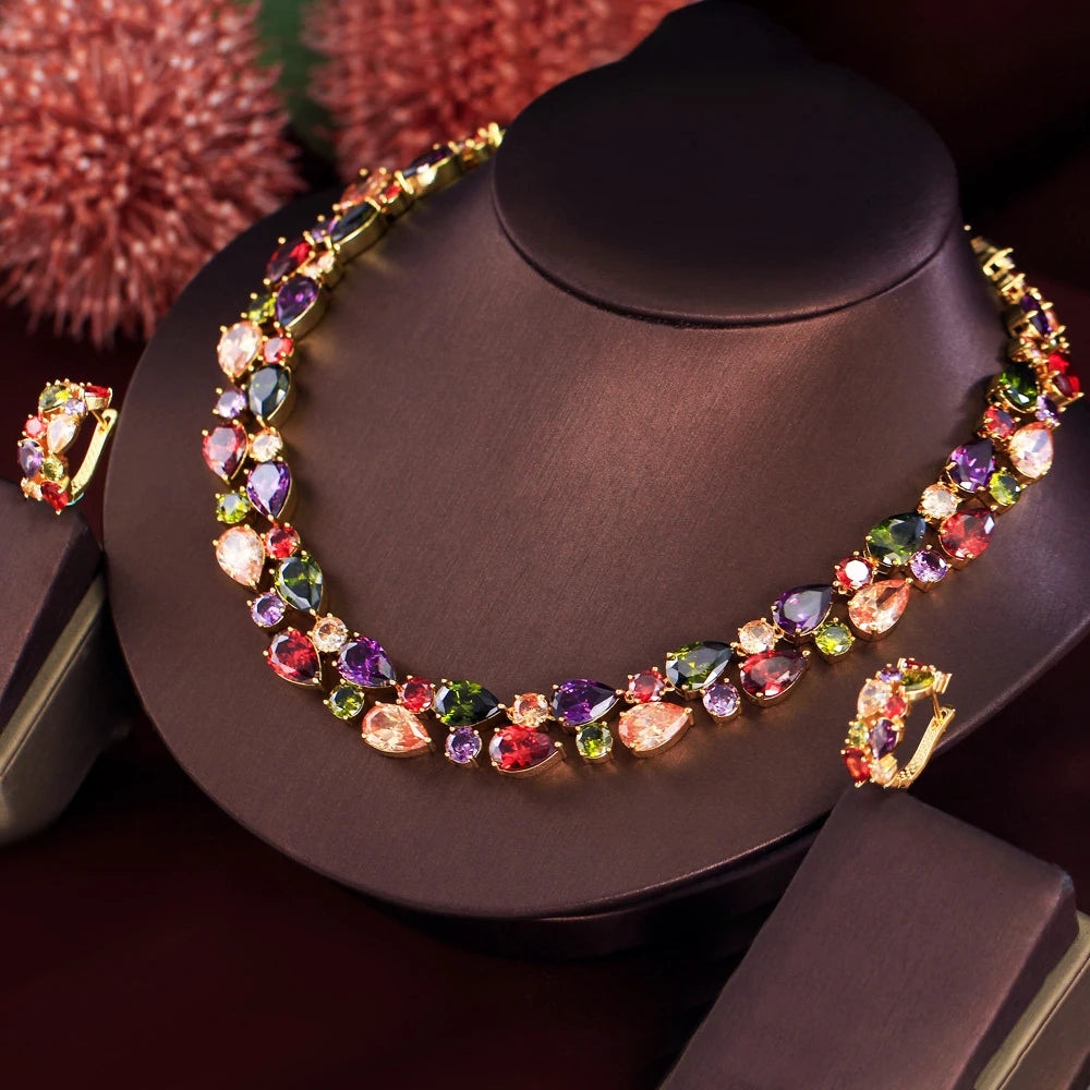 Super Gorgeous Gold Plated Cubic Zircon Necklace and Earrings Mona Lisa Colorful Wedding Jewelry Set for Women Party