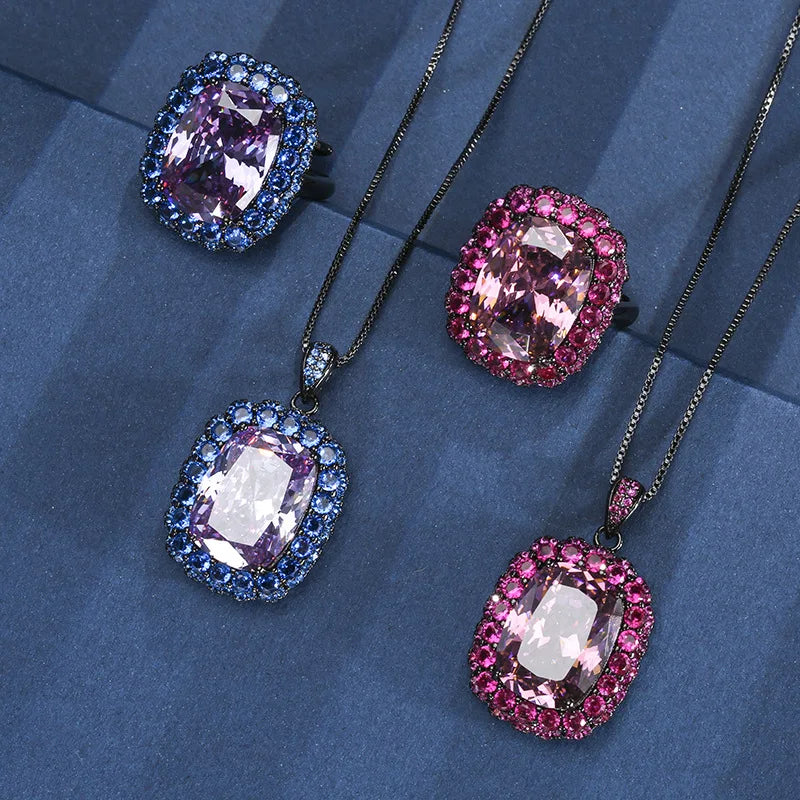 Gemfiori Korean Version Fashionable square Zircon Pendant Ring Accessory Ring Necklace Set
