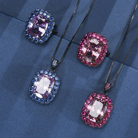 Gemfiori Korean Version Fashionable square Zircon Pendant Ring Accessory Ring Necklace Set
