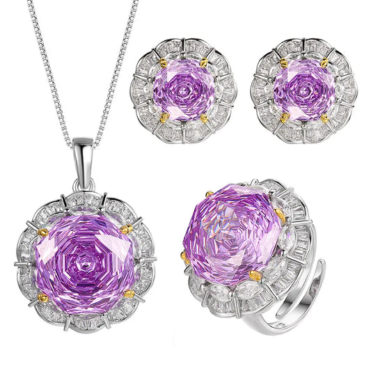 Gemfiori Light Luxury Jewelry Rose Violet Zircon Luxury Three Piece Set Wedding Party Fashion Matching