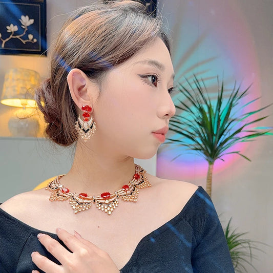 Pigeon Blood Red Enamel Zircon Necklace Earrings 2-piece Set Banquet Wedding  High Quality Jewelry India's Bestselling Gifts