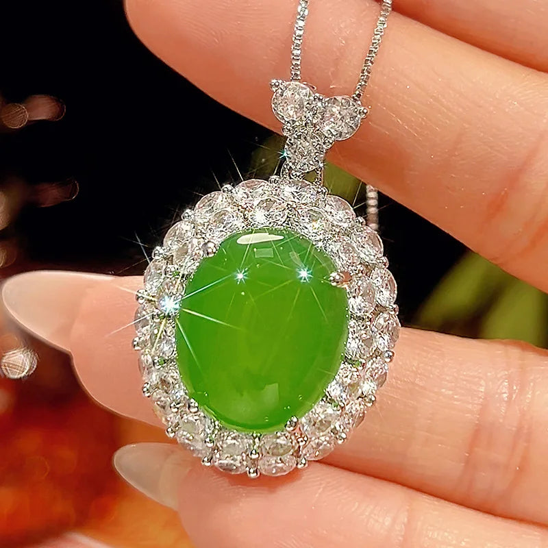 REDheart Fashion Copper Inlaid Zircon Rhodium & Gold Plated Green Chalcedony Light Luxury Anniversary Necklace Set