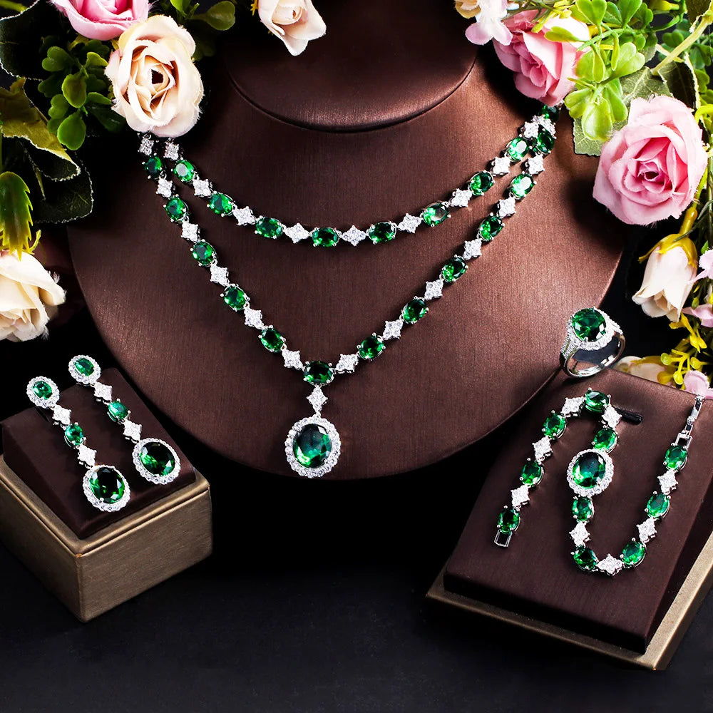 4pcs Luxury African Green Cubic Zirconia Stone Multi Layered Big Necklace Earrings Party Costume Jewelry Set for Wedding Brides