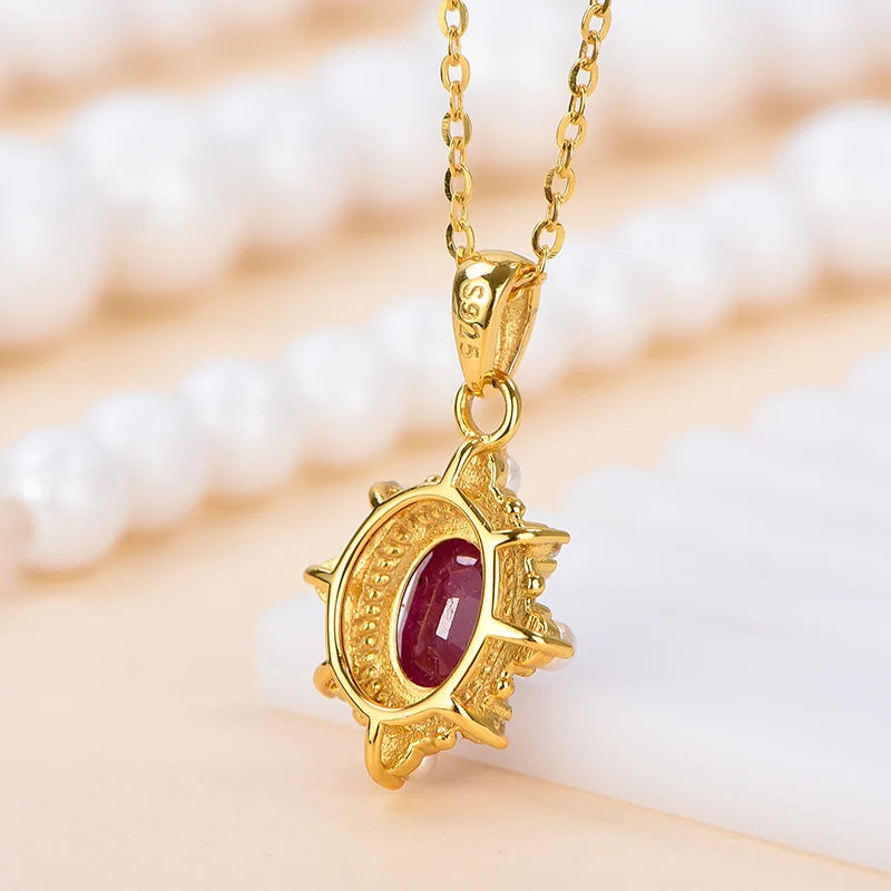 Gioiellieri Natural Ruby Oval Cut Gemstone Solitaire Claw Setting Pendant Necklace 925 Sterling Silver Platinum Plated Luxury