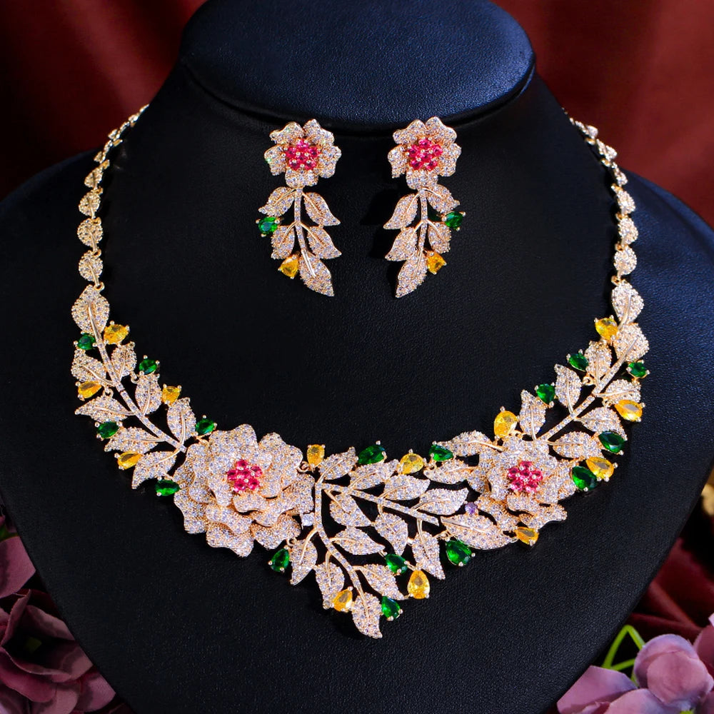 Luxury African Gold Plated Cubic Zirconia Statement Flower Leaf Shape Bridal Jewelry Set for Women Wedding Costume Jewellery