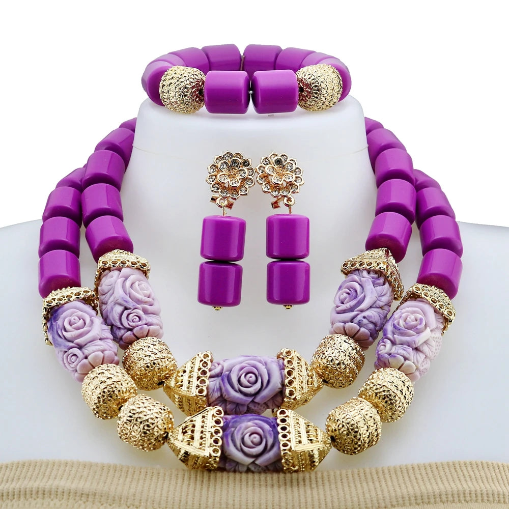 Zhuerrui Luxury Red Rose Carved Beaded Jewelry Set Nigerian Bridal Coral Necklace Earrings Set for Wedding Party YL1016