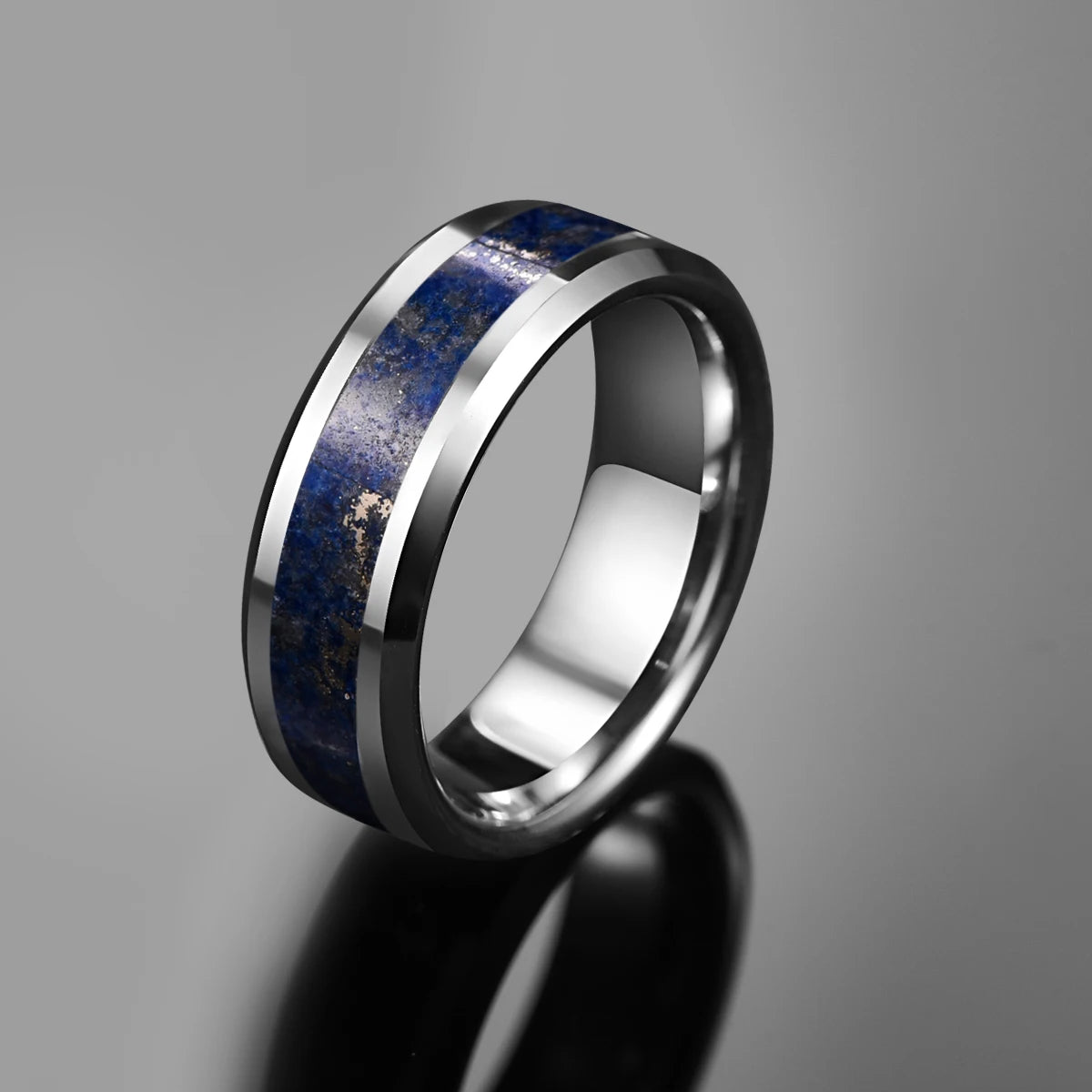 Wholesale 8mm Width Chamfer Polish Inlaid Lazurite Natural Stone Men's Tungsten Ring Jewelry