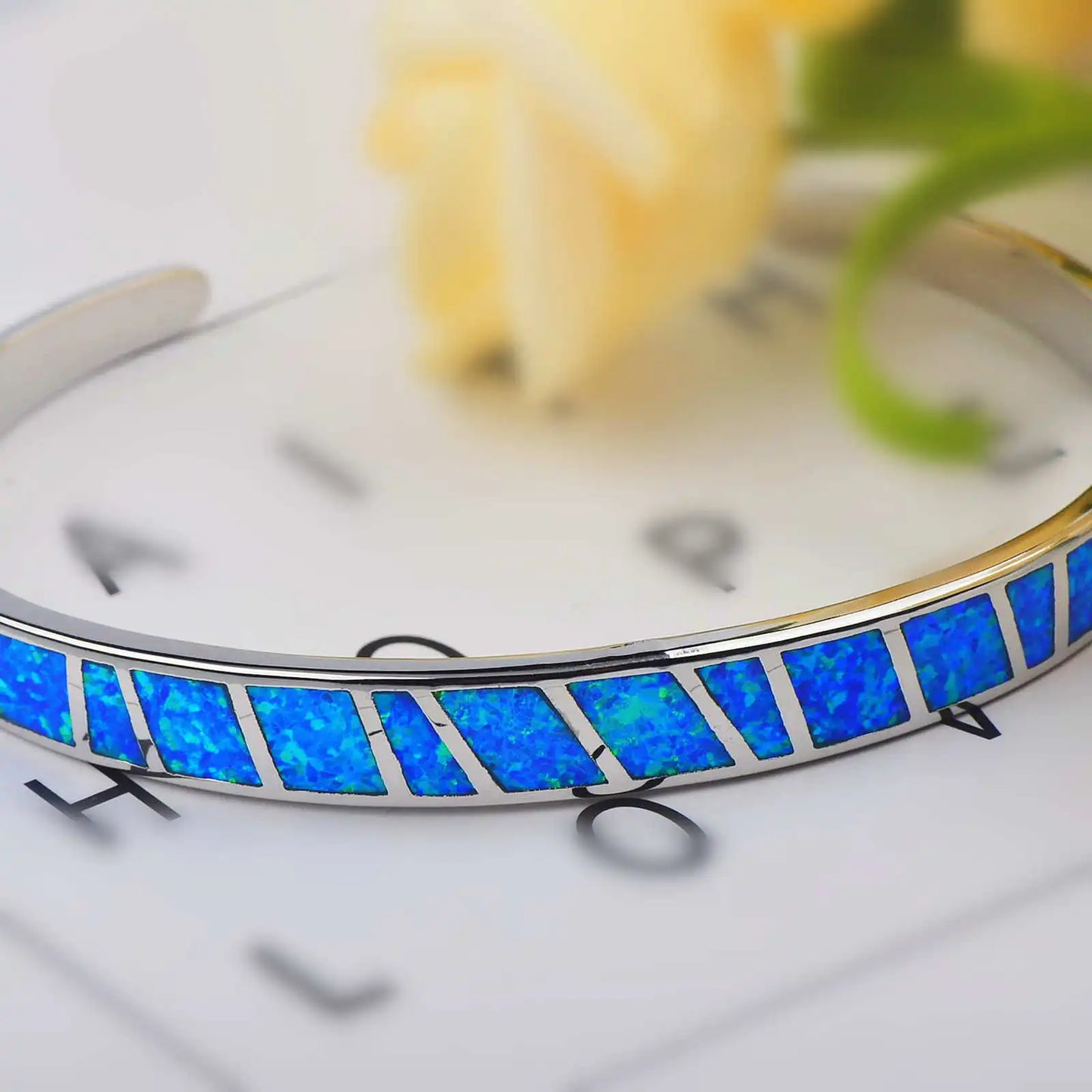Opal Hawaii Style Blue Square Stripe Silver Plated Women's Cuff Bracelet Handmade Inlaid Opal Jewelry for Anniversary Wholesale