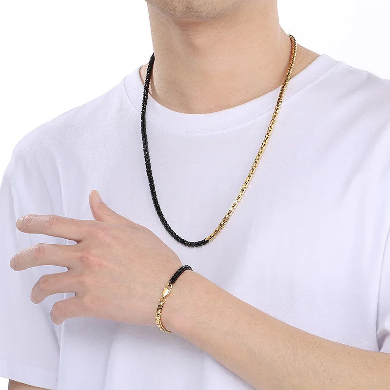Kalen Fashion Personality Stainless Steel Necklace for Men Women Black Gold Plated Chain Bracelet Jewelry Set
