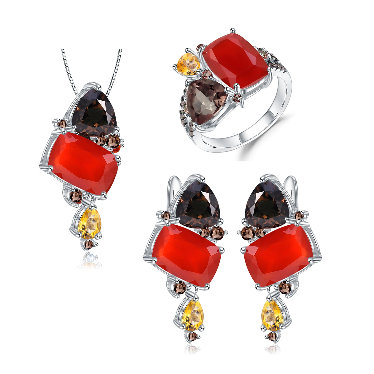 ArtistA C7644 Abiding Classic Beautiful Multiple Gemstone Natural Red Agate Smoky Quartz Citrine Cluster Setting 925 Silver Jewelry Set