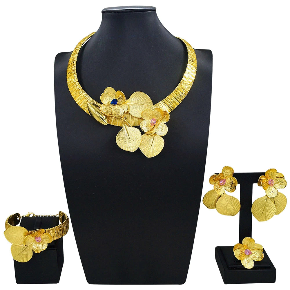 Brazilian Gold Flower Fashion Jewelry Set Italian Jewelry Set Nigerian Woman Wedding Necklace Bracelet Earrings Ring Jewelry
