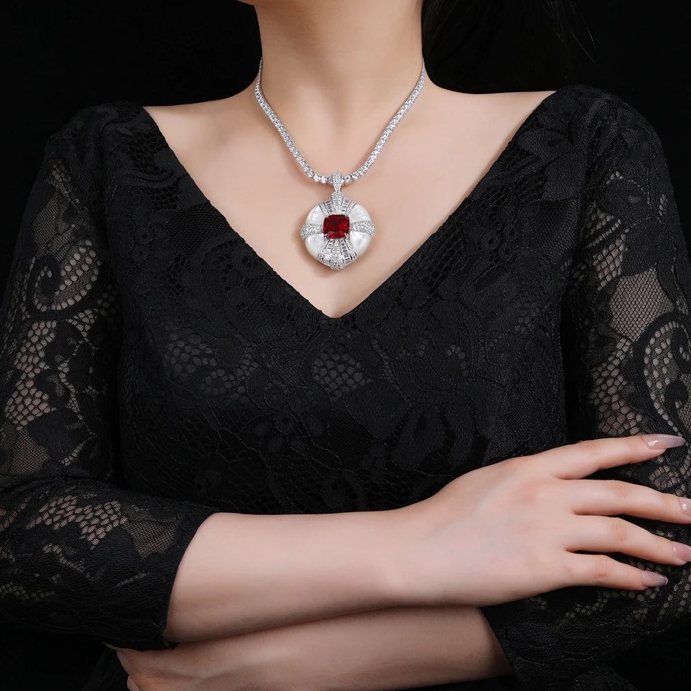 MUSHAN Jewelry Factory White Mother of Pearl Ruby Color S925 Sterling Silver Necklace Electroplated White Gold High End Necklace