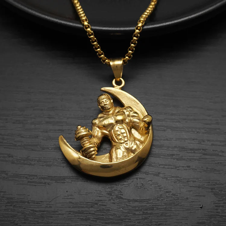 Hip Hop Moon Muscle Male Dumbbell Waterproof Stainless Steel Fashion Pendant Necklaces 18K Gold Plated for Male Man Mens