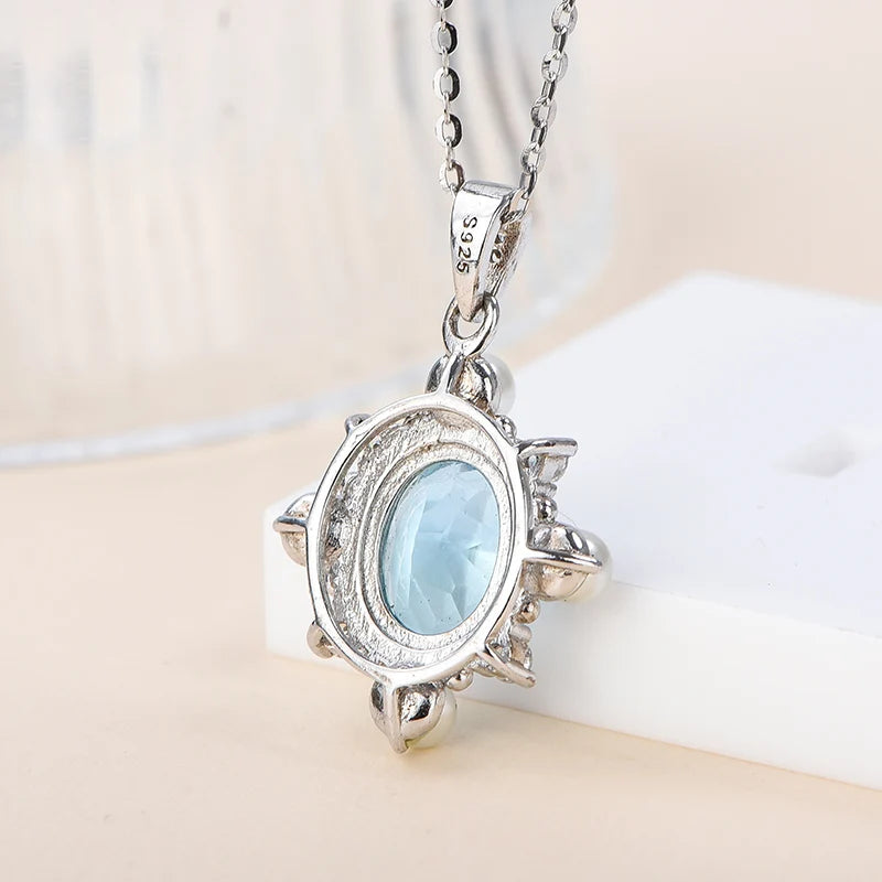Gioiellieri Fashion Sky Blue Topaz Pendant Necklace Women 925 Sterling Silver Rhodium Plated Chain Zircon Natural Stone Jewelry