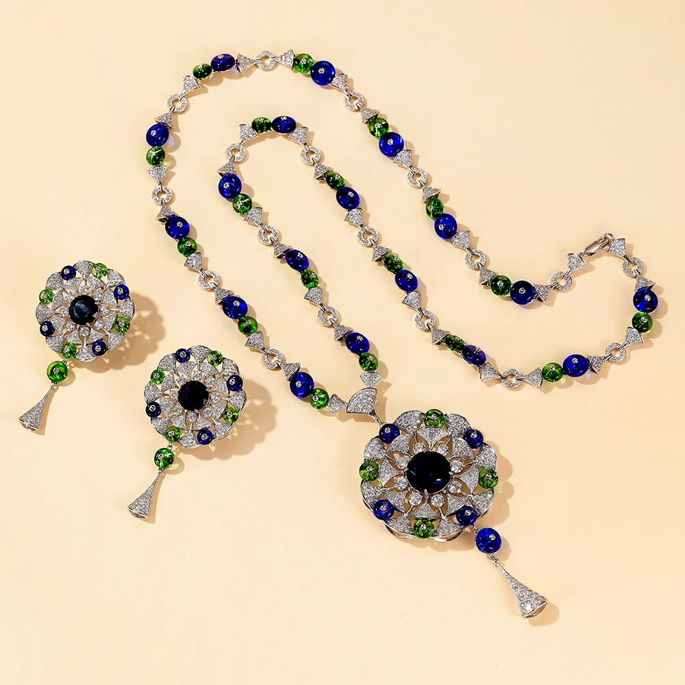 High End Pendant Blue-green Round Bead Long Necklace  Earring Set Brass Zirconia Wholesale  Factory Direct Sales