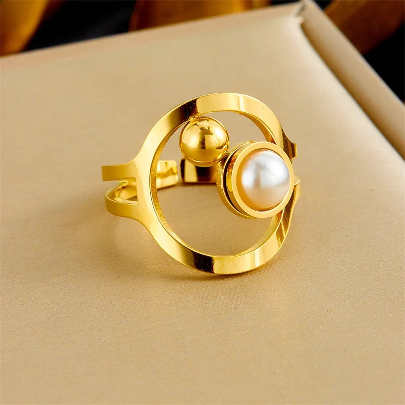 Gold Pearl Necklace, Earrings & Ring Jewellery Set | Geometric Luxury Fashion Set