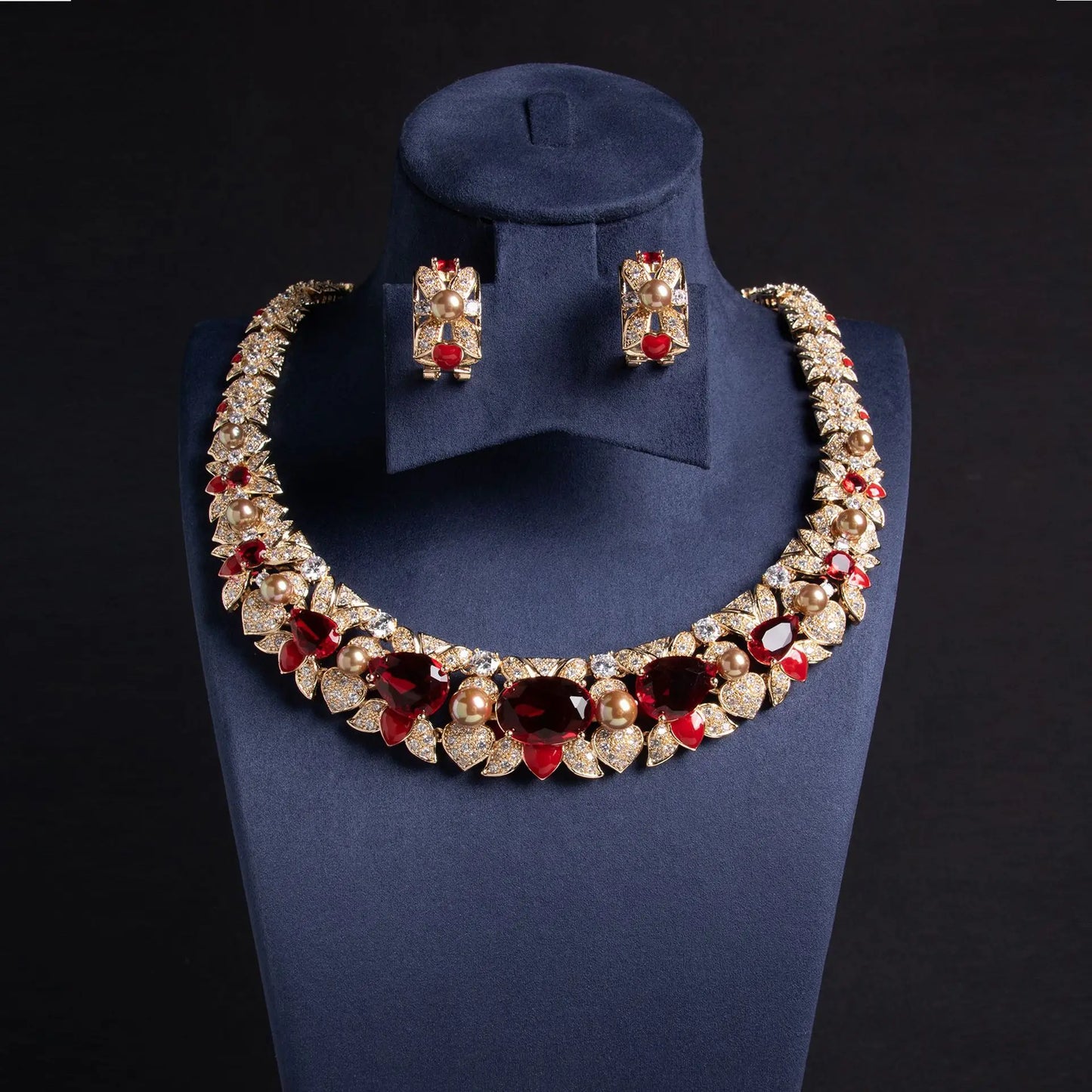 Luxury Oval-Cut Zirconia & Imitation Pearl Classic Choker Necklace & Earrings Bridal Set — Gold & Rhodium Plated