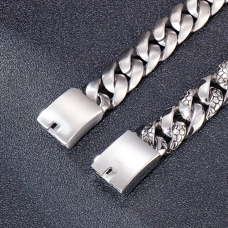 REBEL Polished/Matte Fine Jewelry Fashion Bracelets Men Stainless Steel Snake Skin Cuban Links Bracelet Bangle