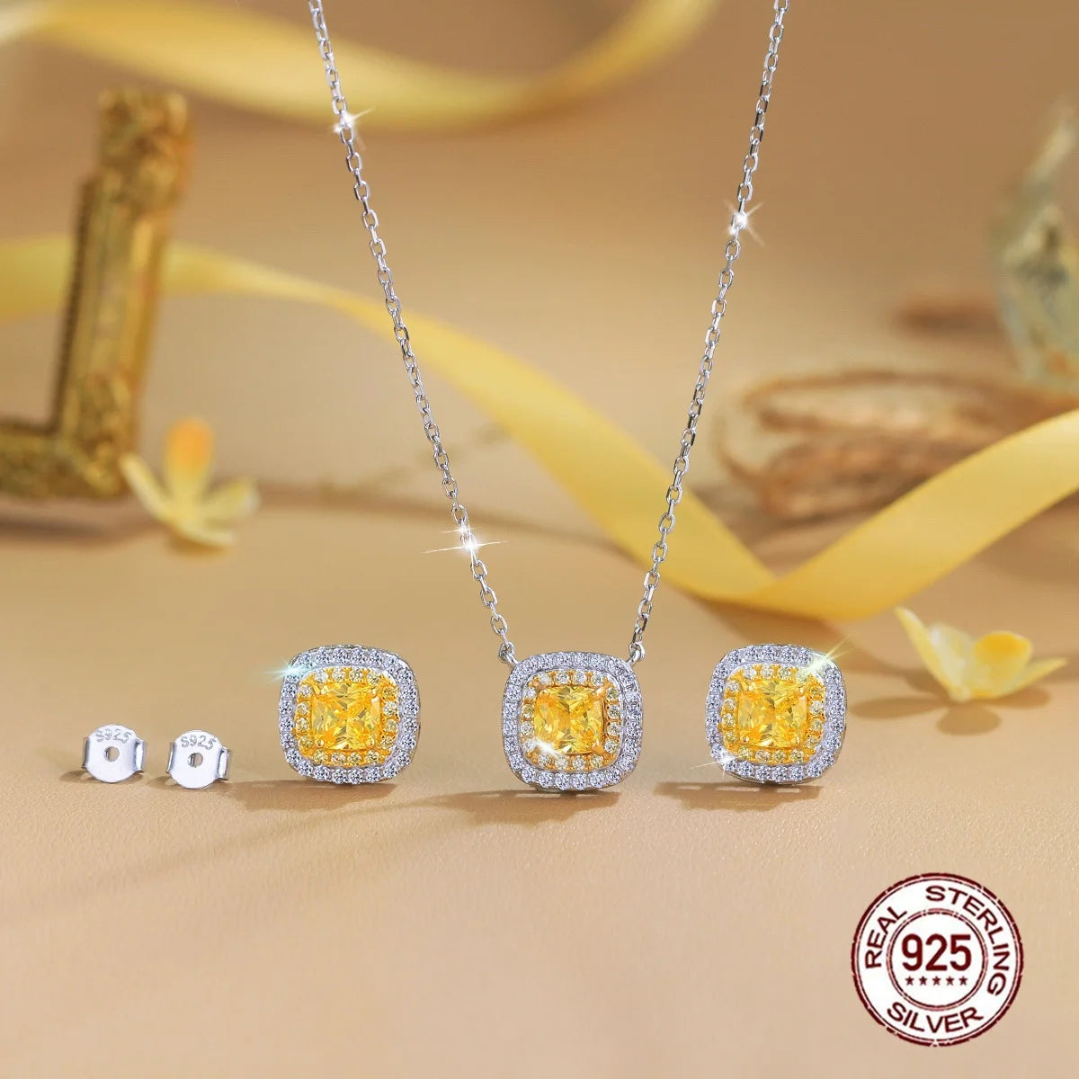 925 Sterling Silver Double Halo Necklace Earrings Simulated Canary Yellow Diamond CZ Pave Jewelry Set for Women Sensitive Skin