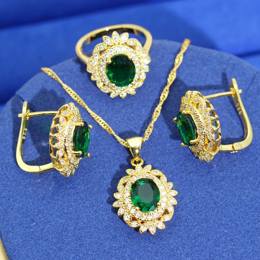 XOTICA Women's Gold Plated Classic Style Jewelry Set with Green Zircon Includes Earrings Necklace Pendant Ring for Wedding or Party