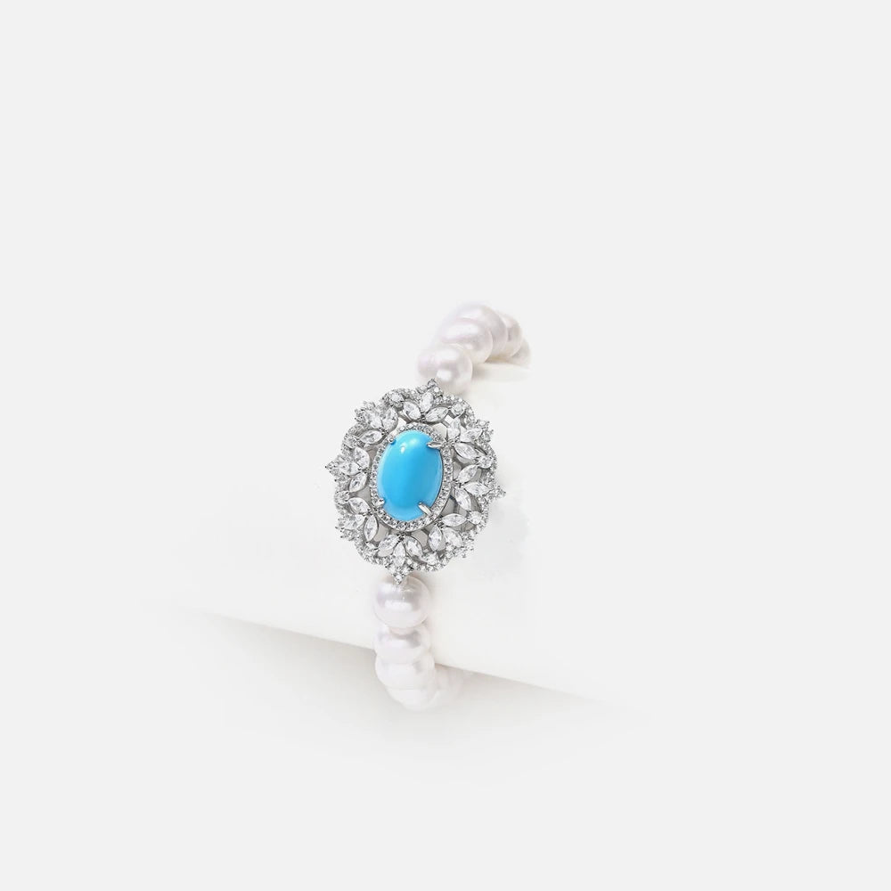 MUSHAN Jewelry Factory S925 Pearl Bracelet 18K Gold Plated Classic Party Gift Blue Turquoise 8mm Cross Border Bestseller