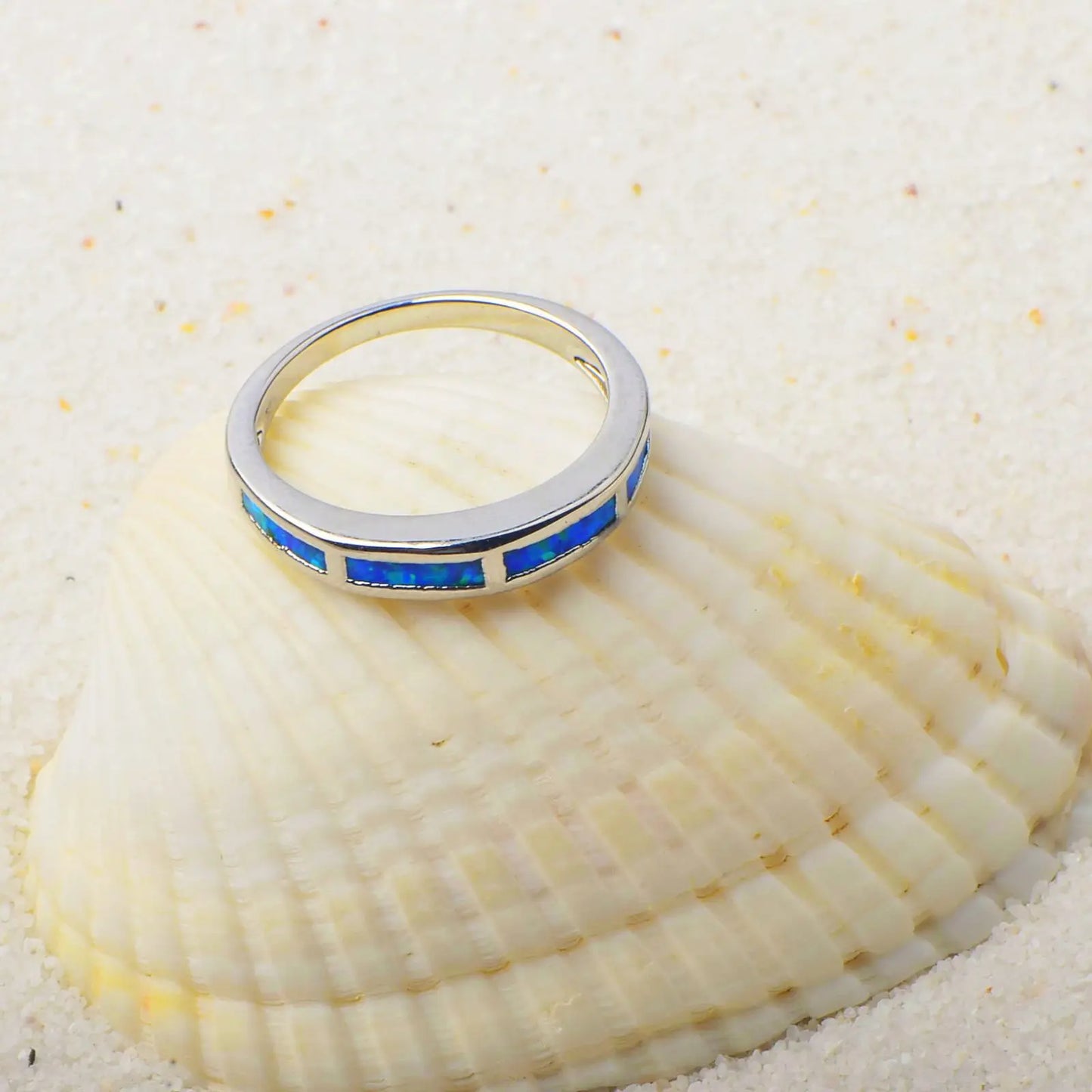 Silver Blue Opal Striped Ring | Minimalist Fashion Band Jewelry