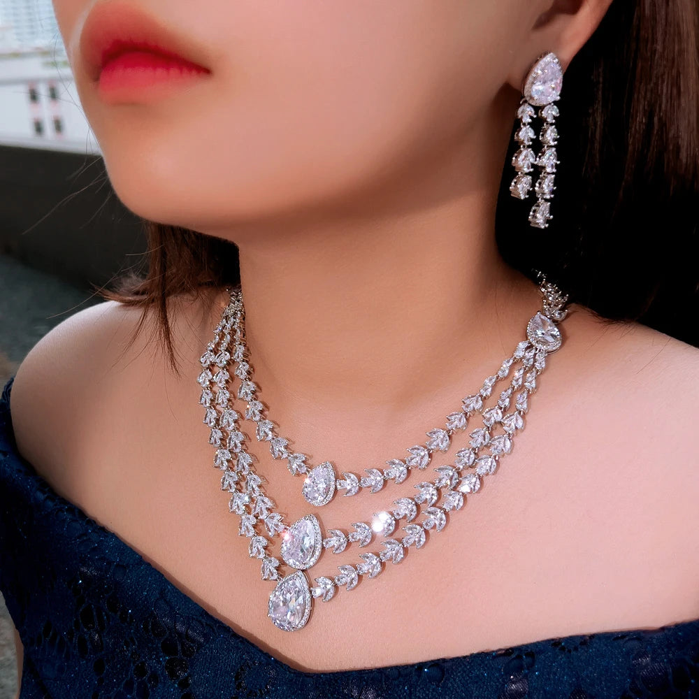 Shiny White Zirconia Water Drop 3 Layers Luxury Leaf Necklace and Earrings Wedding Bridal Big Jewelry Set for Women Party Wear