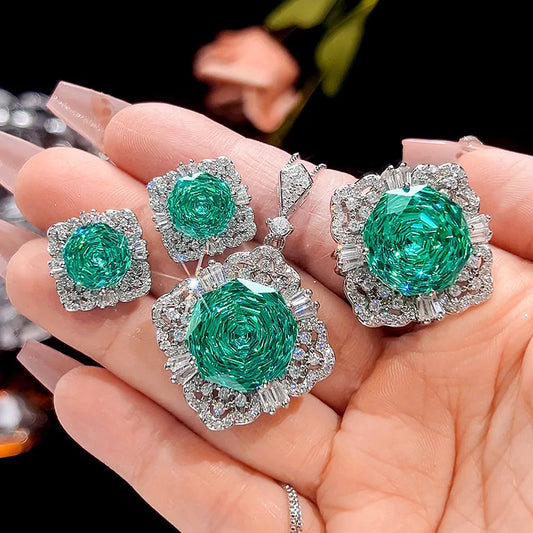 Gemfiori Luxury and High-end Sparkling Zircon Necklace Earring Ring Set Bridal Jewelry Three Piece Set Wedding Accessories