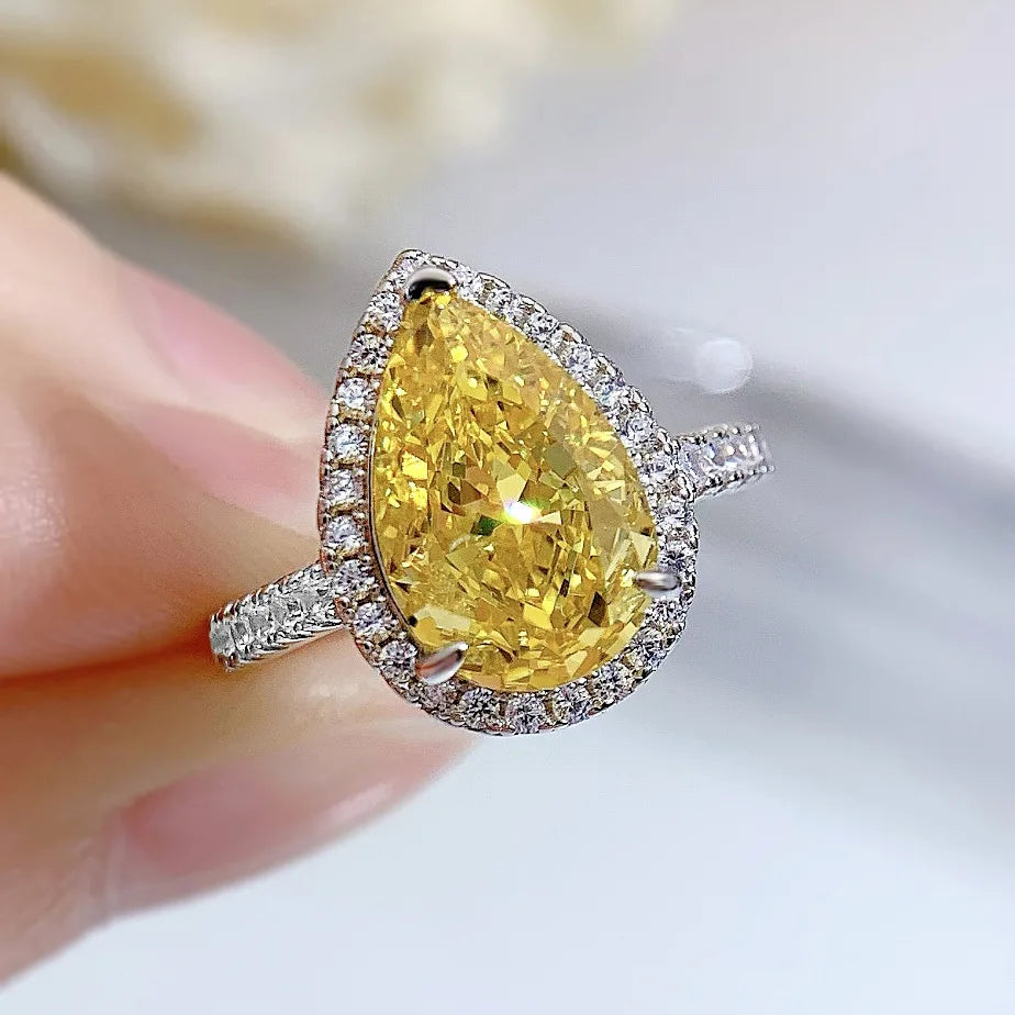 S925 Silver Ring 8 * 12 Yellow Zircon Set with European and American 5-carat Fashion Versatile Ring Boutique Jewelry for Women