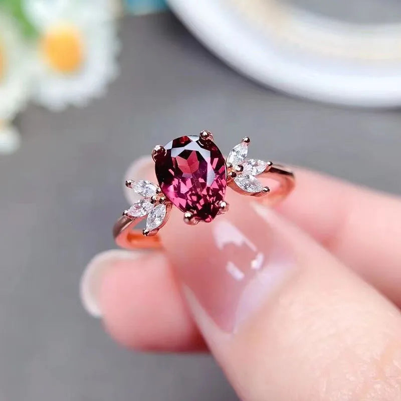 Natural Garnet Rhodium Plated 925 Sterling Silver Minimalist Oval Cut Engagement Ring for Weddings and Parties