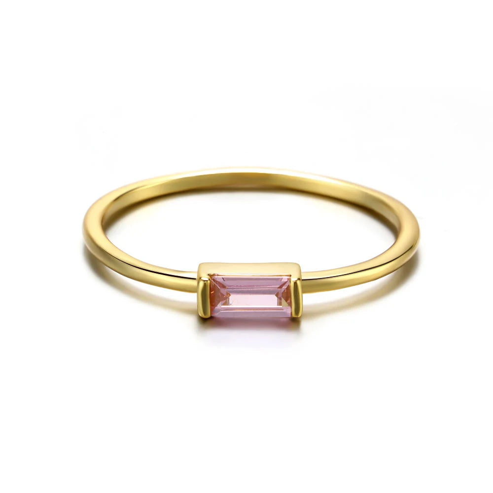 Gold Rhodium Plated Thin Pinky 925 Sterling Silver Romantic Party Colorful Square CZ Zirconia Gemstone Women's Birthstone