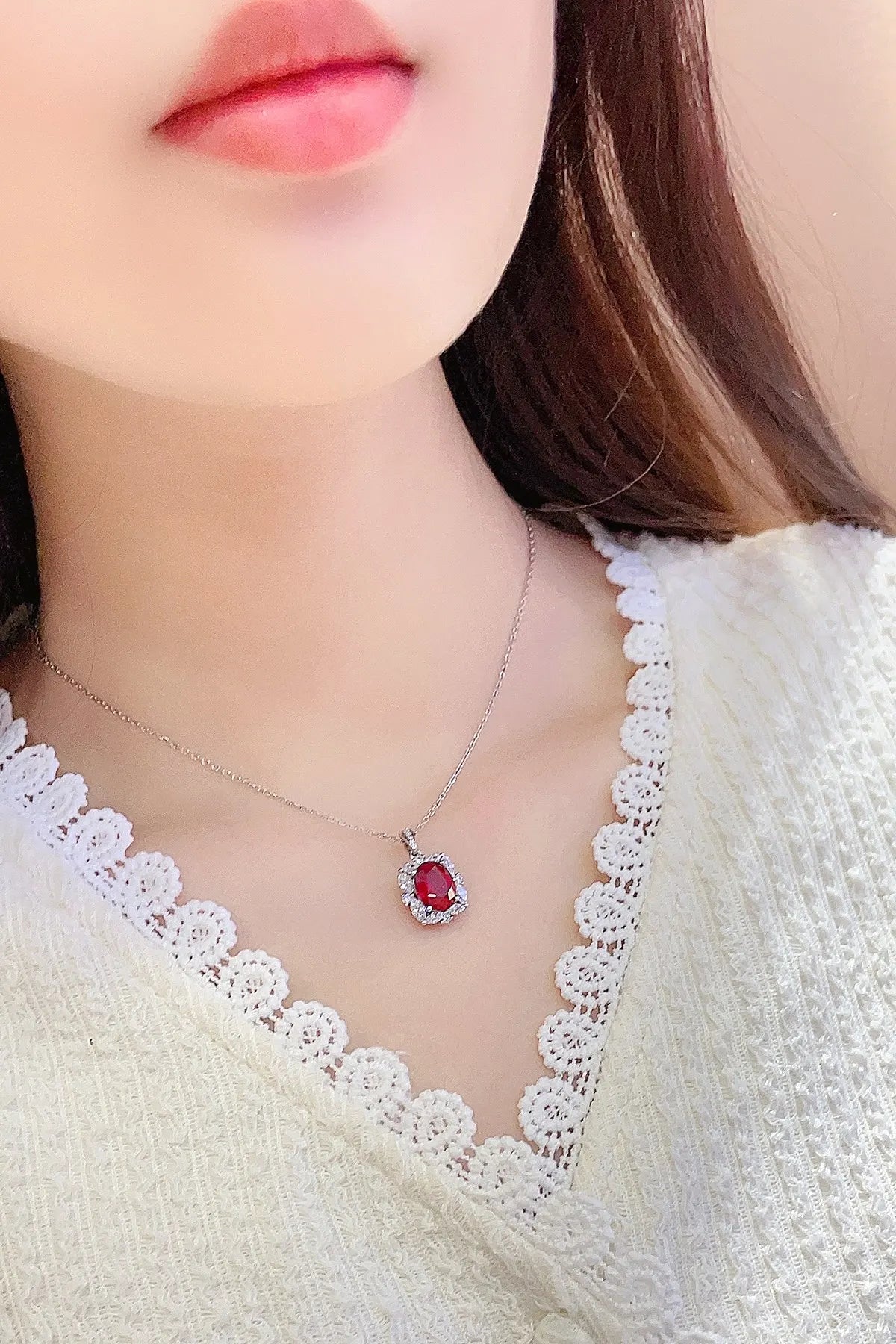 Gemfiori Bridal Jewelry Set Lab Grown Ruby Rings Rhodium Plated Sterling 925 Silver Ring Necklace Earrings for Wedding Party