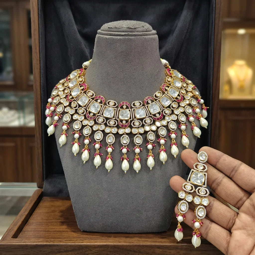 Elegant Ruby Pearl Heritage Choker Necklace Set Traditional Wedding Jewelry Designer Fashion Necklace Premium Ethnic Jewelry Set