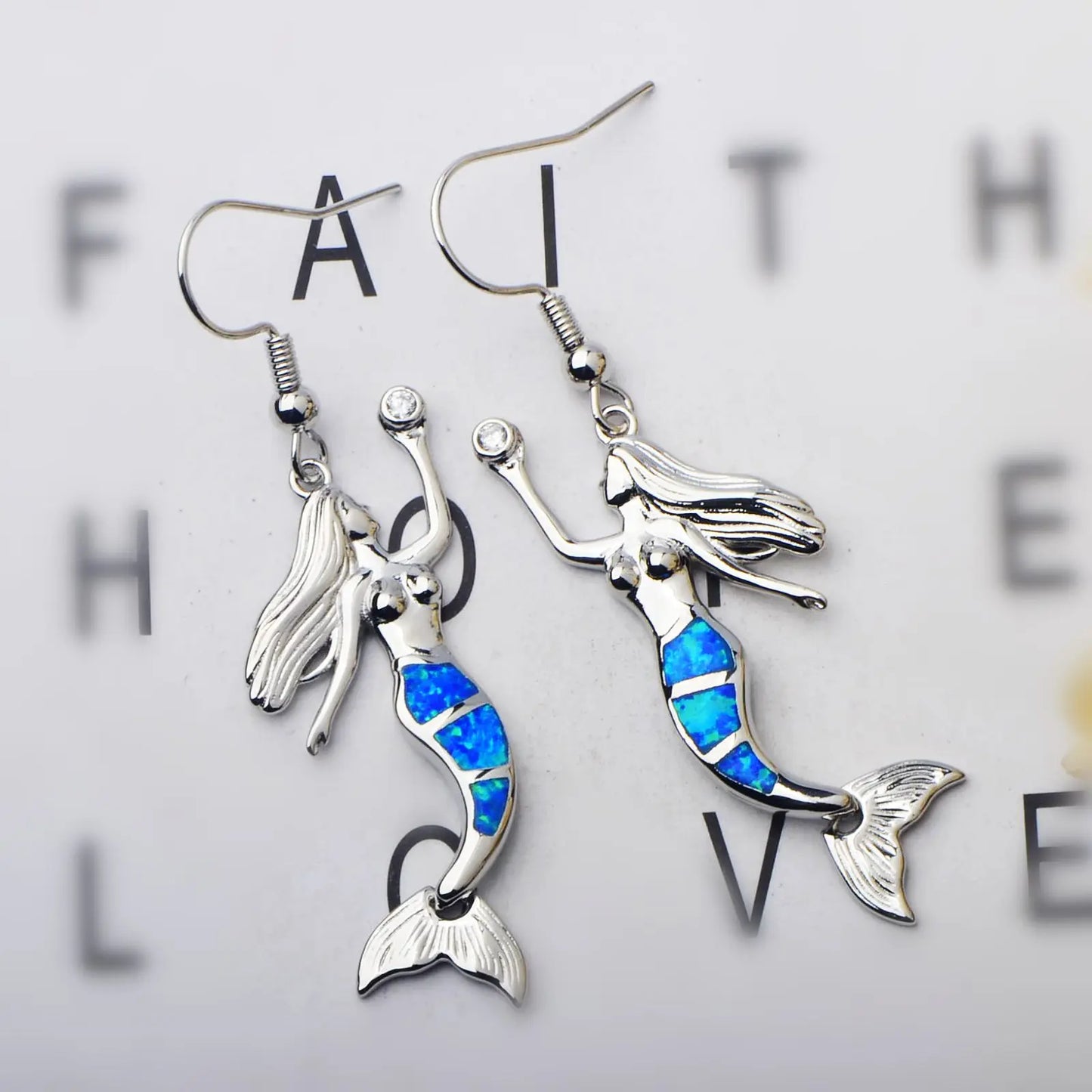 Enchanted Mermaid Opal Drop Earrings - Blue Fire Opal Tail & CZ Accent Design | Fairy-Tale Ocean Jewelry Bulk Gifts